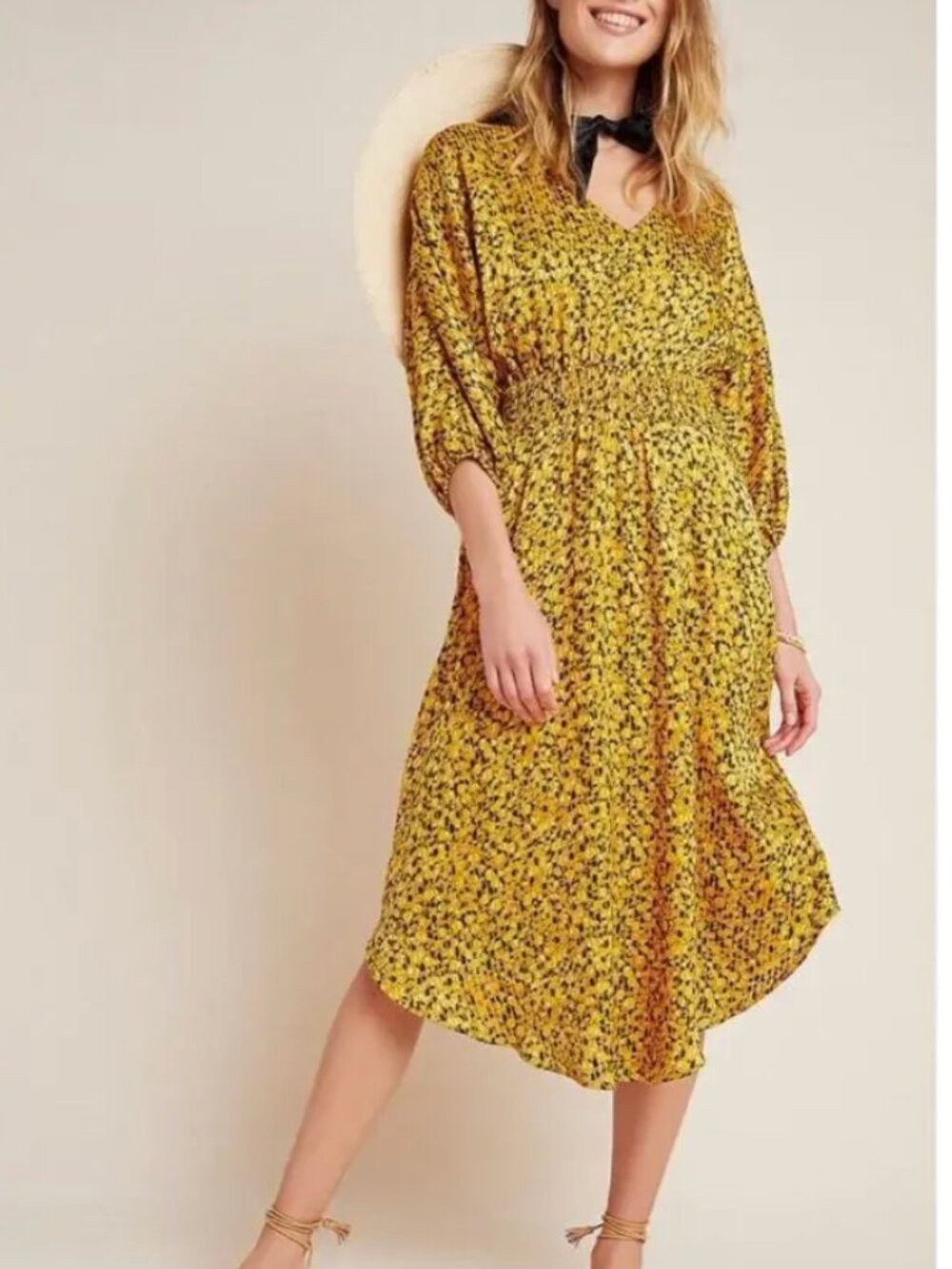 Anthropologie Yellow and Black Print Dress Sz XL $178